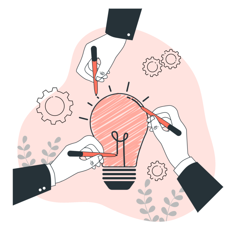 3 hands drawing a bulb